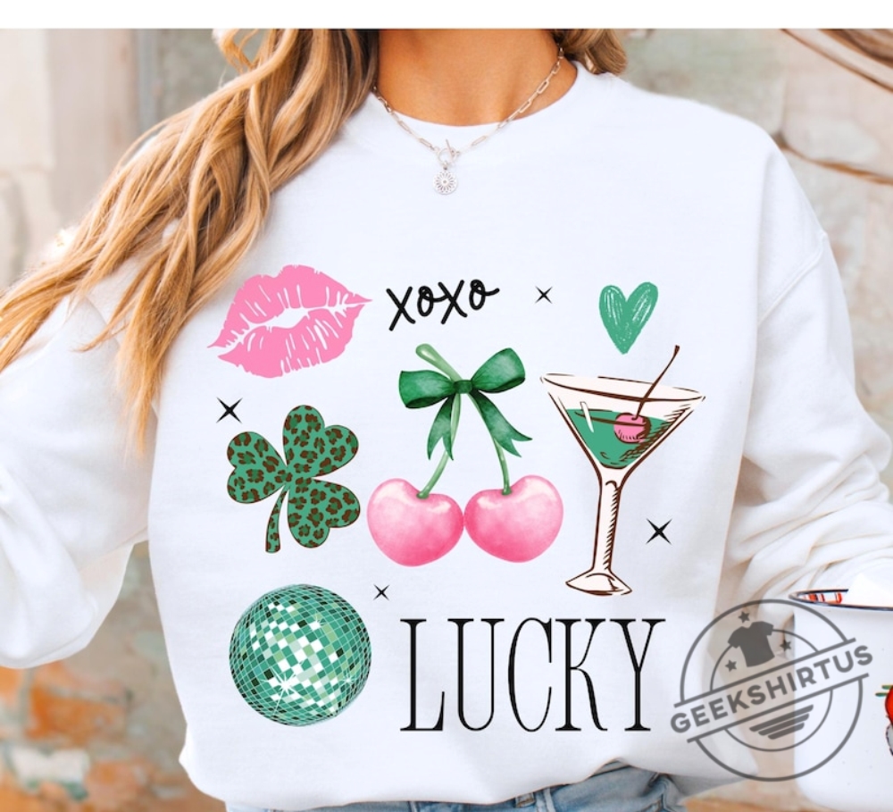 Coquette St Patricks Day Png Feeling Lucky Png Retro Pink Shamrock Shirt St Pattys Day Cherry Bow Disco Ball Lucky Irish Girl Mama Shirt Png