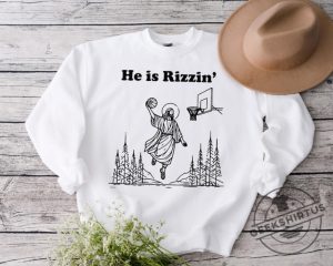 He Is Rizzin Easter Jesus Sweatshirt Christian Shirt Faithbased Easter Sweatshirt Jesus Playing Basketball Sweater Humorous Easter Gift geekshirtus 1