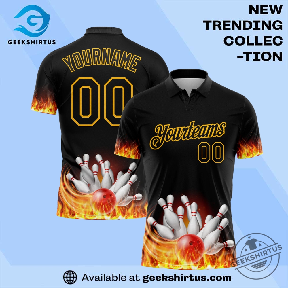 "Top Fan Apparel Picks: Sports Jerseys and Themed T-Shirts" 8 Black Gold 3D Flame Bowling Performance Polo