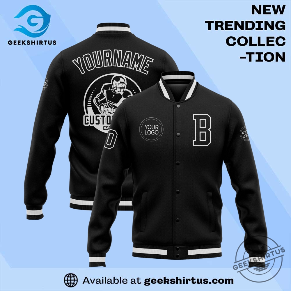 "Top Sports Apparel Picks: Jerseys and Caps for Ultimate Fans" 16 Black White Bomber Full Snap Varsity Letterman Jacket
