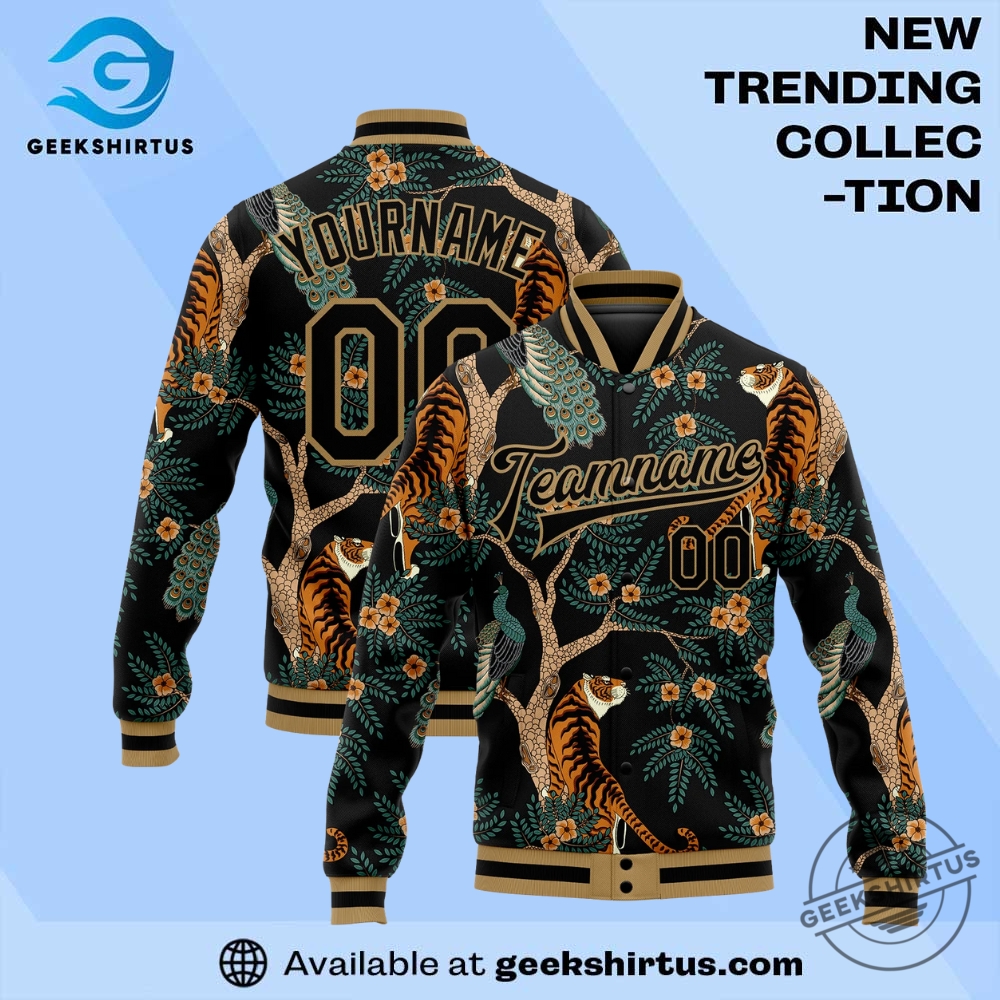 "Top Sports Apparel Picks: Jerseys and Caps for Ultimate Fans" 17 Custom Black Black Old Gold Tiger And Peacock 3D Pattern Design Bomber Full Snap Varsity Letterman Jacket