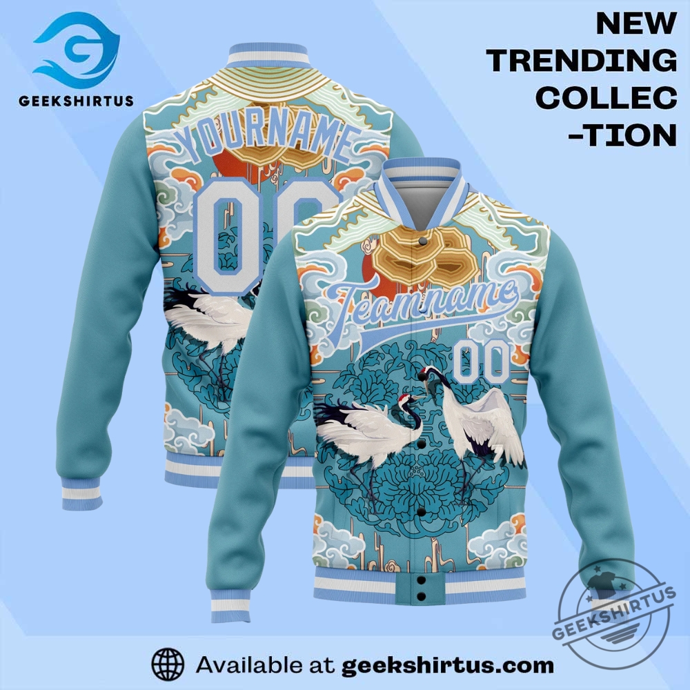 "Top Sports Apparel Picks: Jerseys and Caps for Ultimate Fans" 18 Custom Light Blue White Heron And Cloud 3D Pattern Design Bomber Full Snap Varsity Letterman Jacket