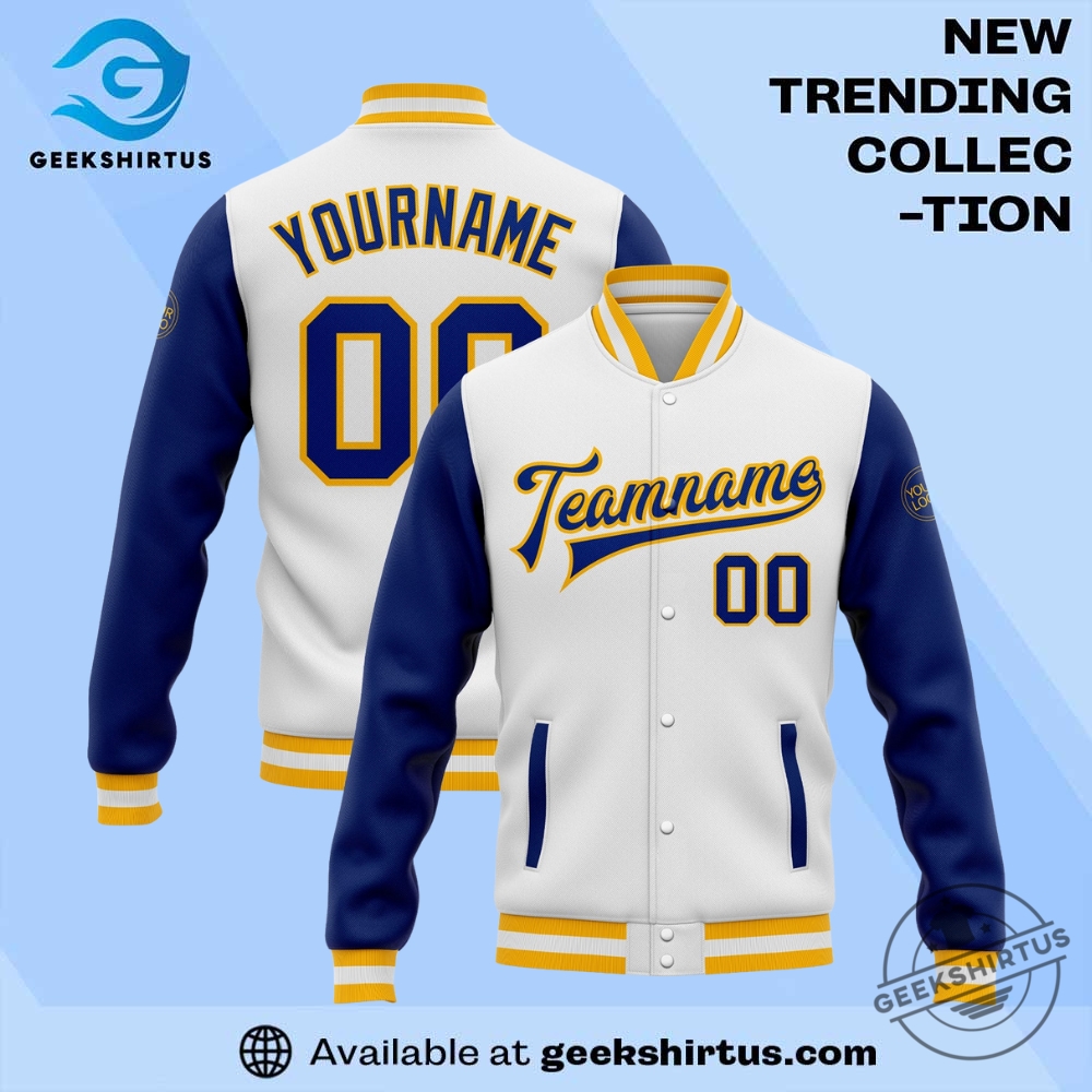 "Top Sports Apparel Picks: Jerseys and Caps for Ultimate Fans" 19 Custom White Royal Gold Bomber Full Snap Varsity Letterman Two Tone Jacket