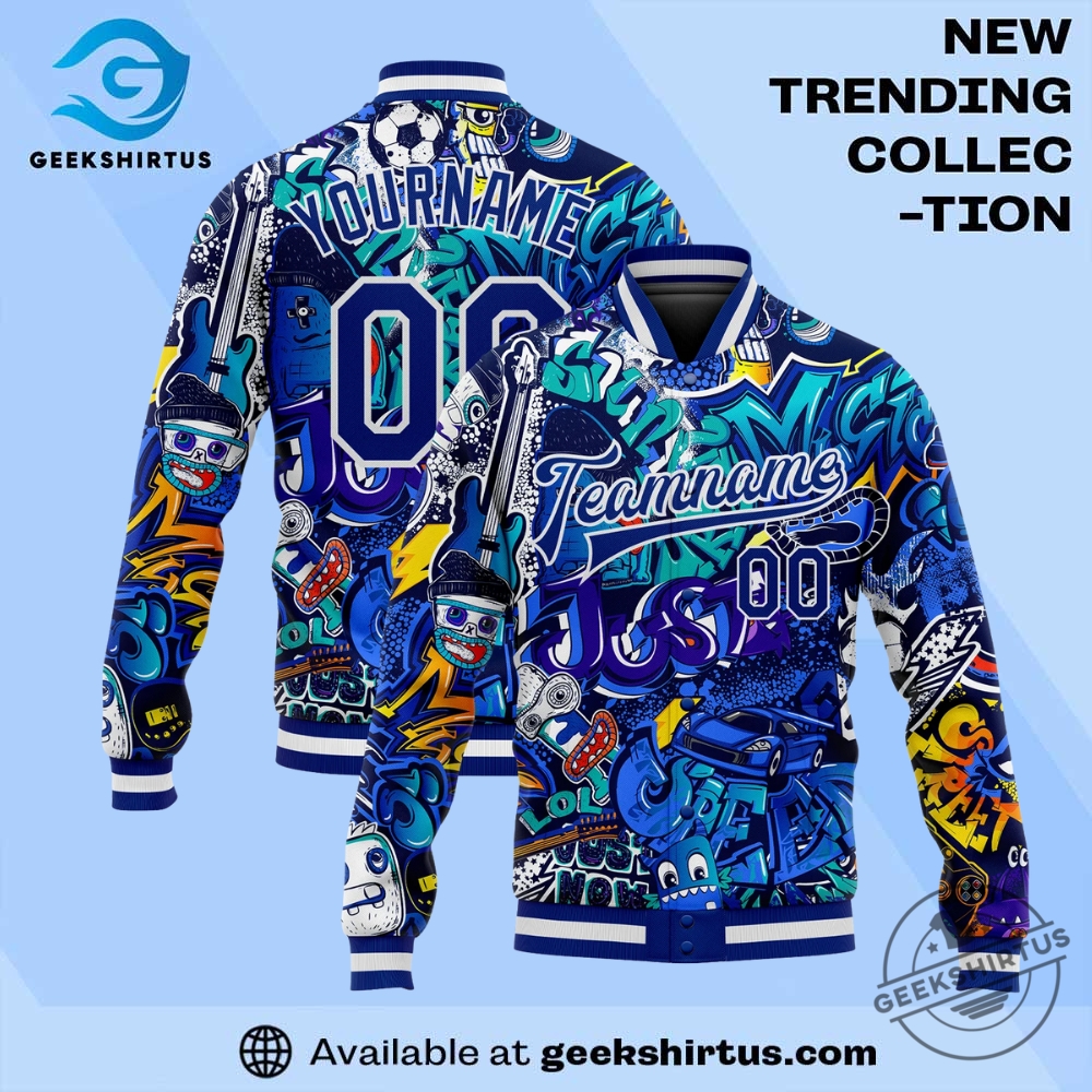 "Top Sports Apparel Picks: Jerseys and Caps for Ultimate Fans" 20 Custom Graffiti Pattern Royal White Abstract Urban Street Art 3D Bomber Full Snap Varsity Letterman Jacket