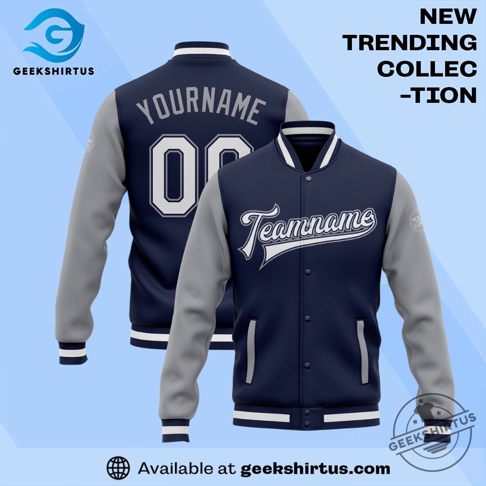 "Top Sports Apparel Picks: Jerseys and Caps for Ultimate Fans" 21 Custom Navy White Gray Bomber Full Snap Varsity Letterman Two Tone Jacket