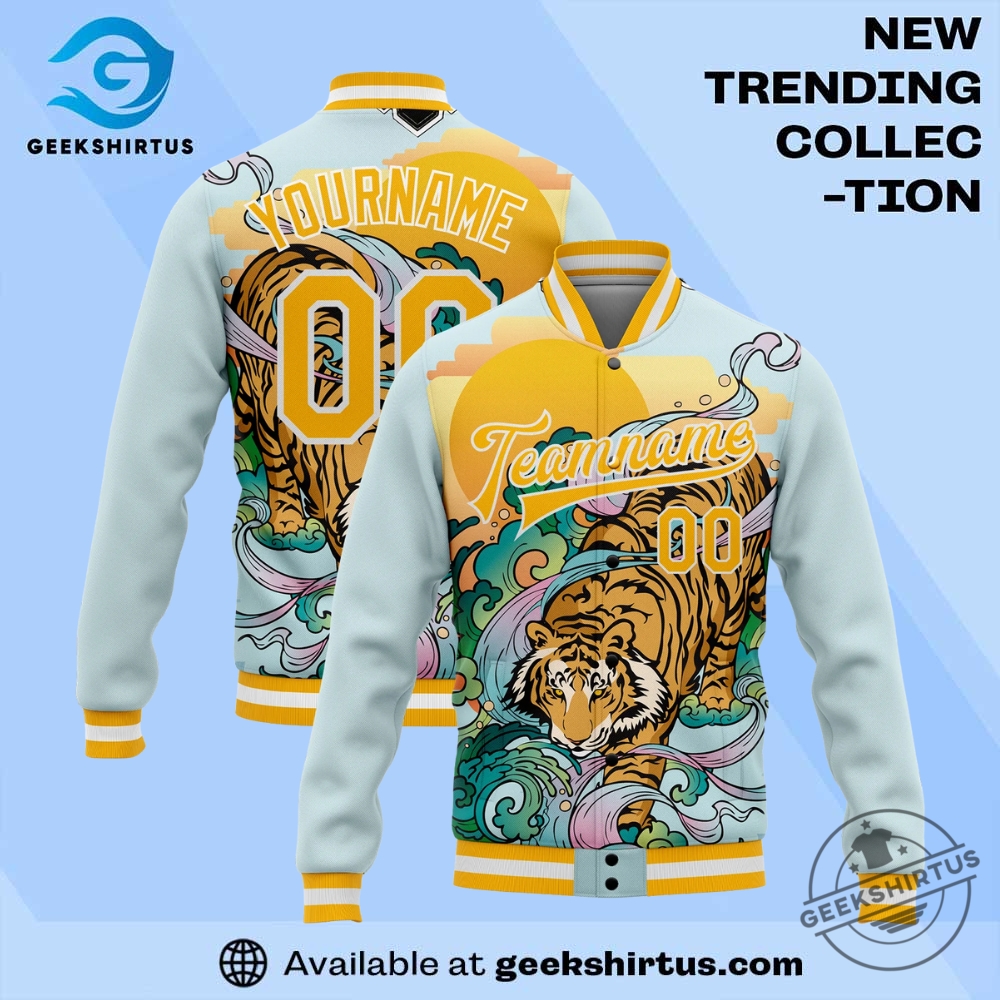 "Top Sports Apparel Picks: Jerseys and Caps for Ultimate Fans" 22 Custom Lakes Blue Gold White Tiger 3D Pattern Design Bomber Full Snap Varsity Letterman Jacket