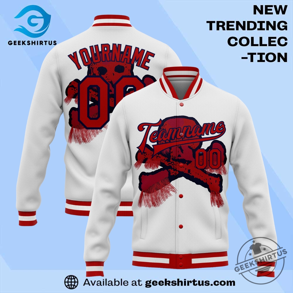"Top Sports Apparel Picks: Jerseys and Caps for Ultimate Fans" 24 Custom White Red Navy Skull Fashion 3D Bomber Full Snap Varsity Letterman Jacket