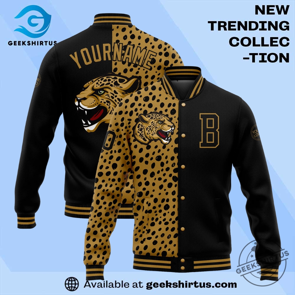 "Top Sports Apparel Picks: Jerseys and Caps for Ultimate Fans" 25 Custom Black Old Gold Leopard Print 3D Pattern Design Bomber Full Snap Varsity Letterman Jacket
