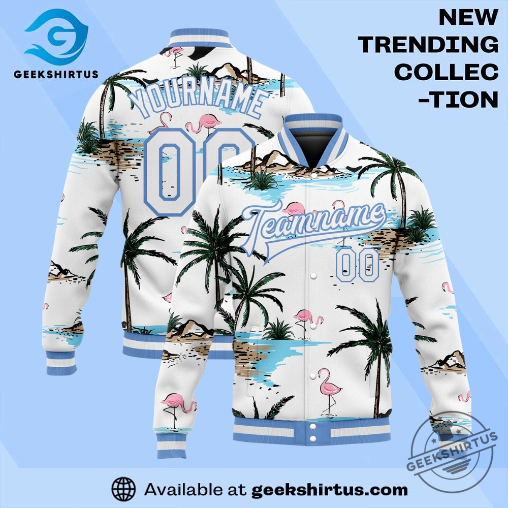 "Top Sports Apparel Picks: Jerseys and Caps for Ultimate Fans" 26 Custom White White Light Blue Hawaii Palm Trees And Flamingo 3D Bomber Full Snap Varsity Letterman Jacket