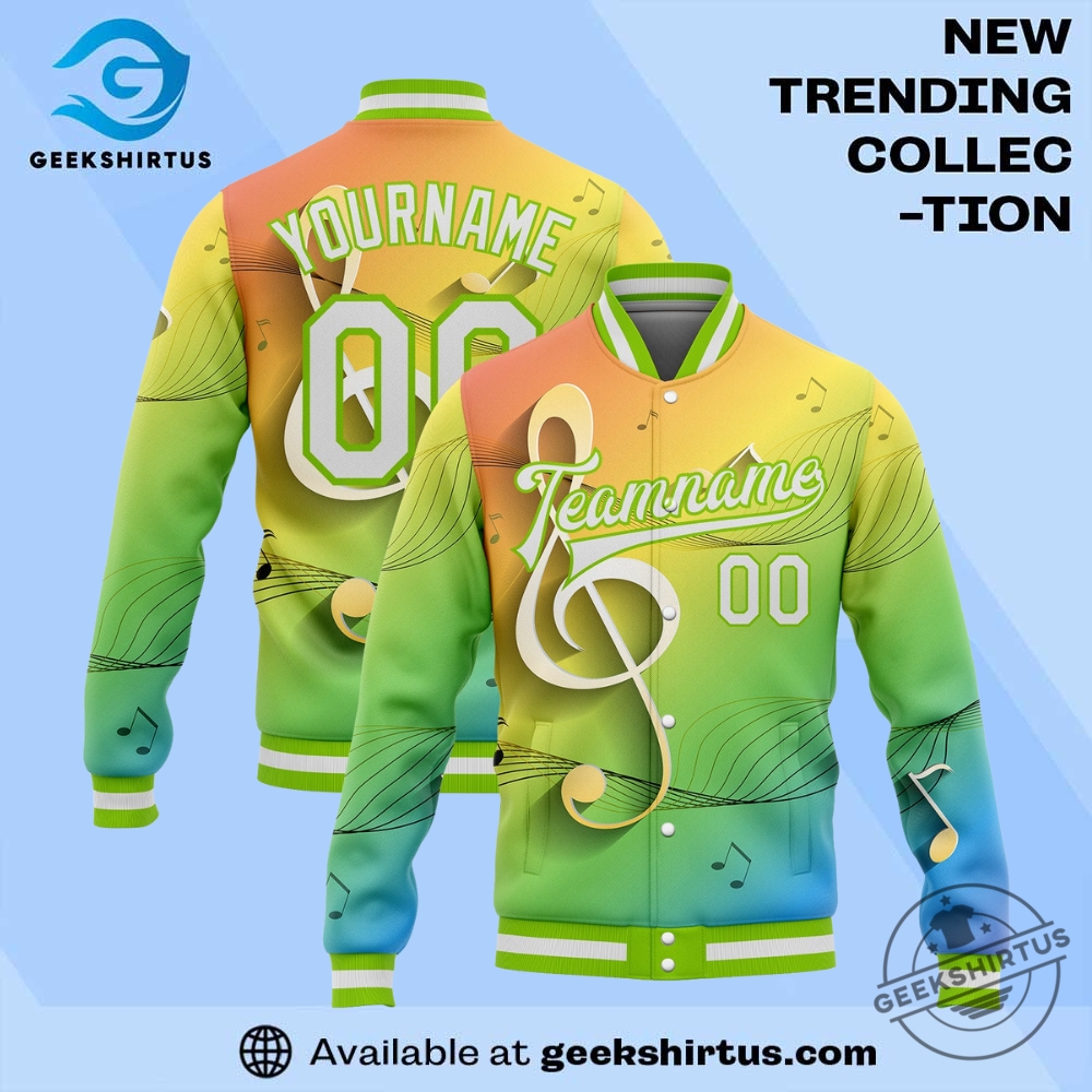 "Top Sports Apparel Picks: Jerseys and Caps for Ultimate Fans" 27 Custom Neon Green White Music Festival 3D Pattern Design Bomber Full Snap Varsity Letterman Jacket