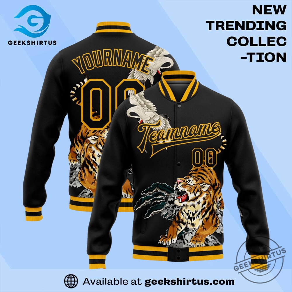 "Top Sports Apparel Picks: Jerseys and Caps for Ultimate Fans" 29 Custom Black Gold Heron And Tiger 3D Pattern Design Bomber Full Snap Varsity Letterman Jacket