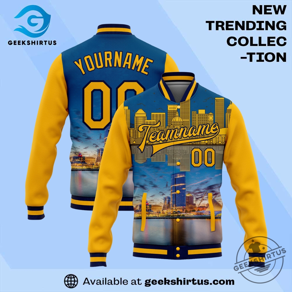 "Top Sports Apparel Picks: Jerseys and Caps for Ultimate Fans" 30 Custom Gold Navy Milwaukee Wisconsin City Edition 3D Bomber Full Snap Varsity Letterman Jacket