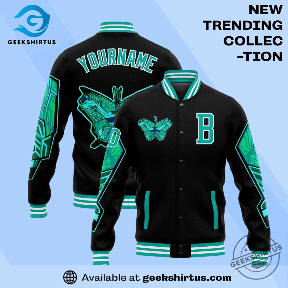 "Top Sports Apparel Picks: Jerseys and Caps for Ultimate Fans" 32 Custom Black Aqua White Butterfly 3D Pattern Design Bomber Full Snap Varsity Letterman Jacket