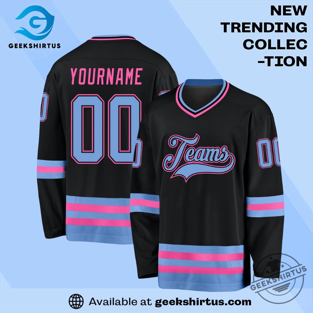 "Top 2025 Fan Apparel: Jerseys and Jackets for Every Occasion" 5 Custom Black Light Blue Pink Hockey Jersey