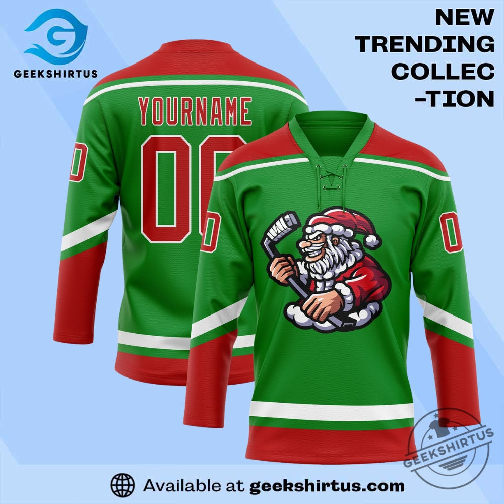 "Top 2025 Fan Apparel: Jerseys and Jackets for Every Occasion" 6 Custom Grass Green Red White Christmas Santa Claus 3D Hockey Lace Neck Jersey